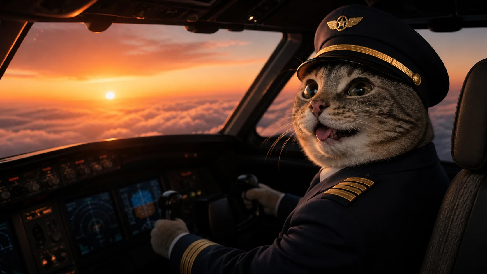 Pilot Cat in the cockpit at sunset