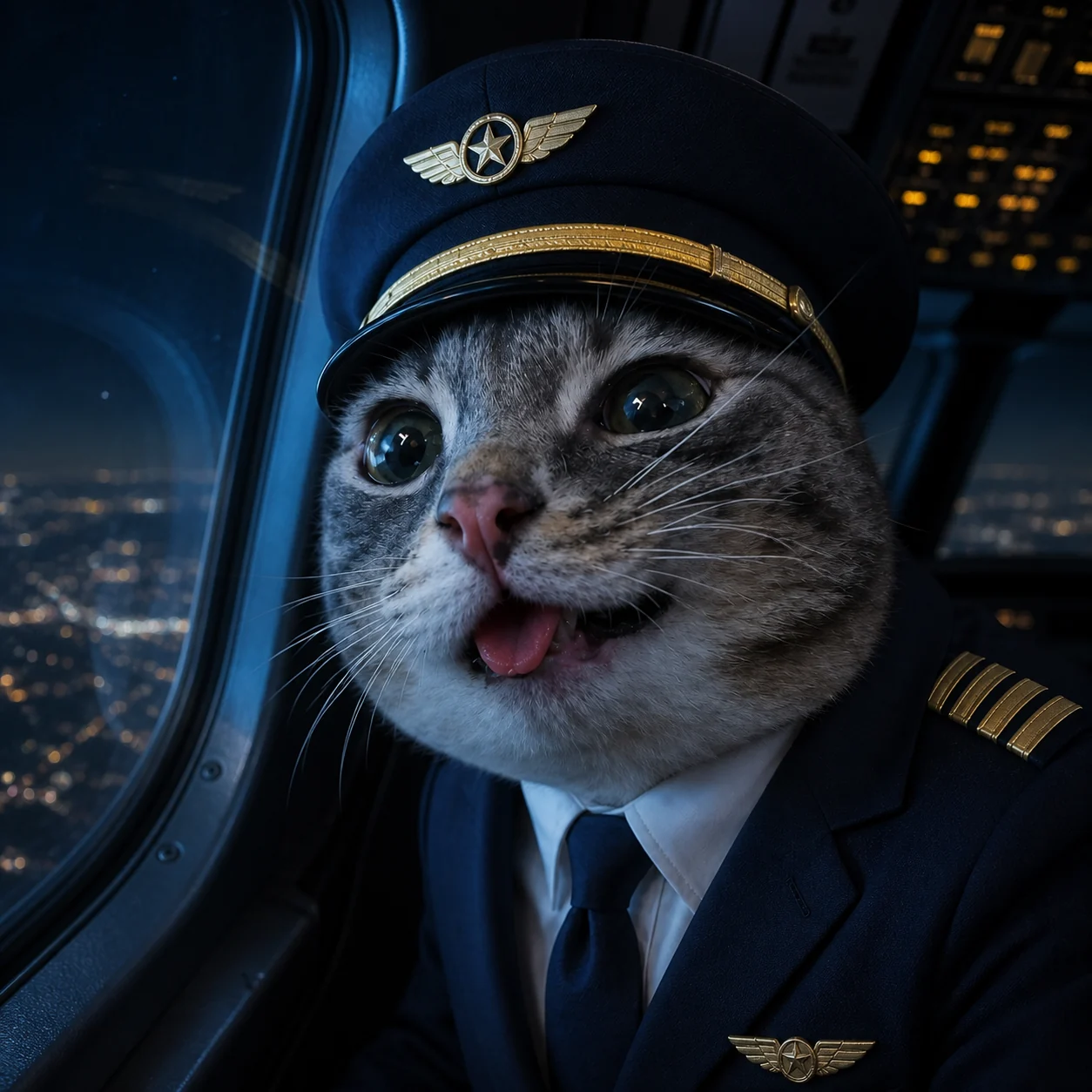 Pilot Cat looking at city lights